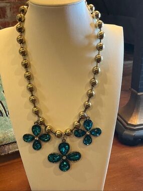 Teal Crystal Flower Pendant Necklace with Gold-Tone Beads - Women Jewelry